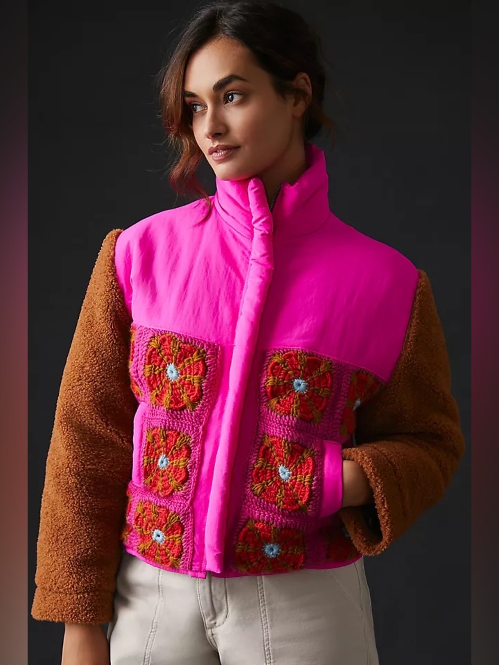 Anthropologie Tach Clothing Nicoleta Crochet Fleece Puffer Jacket Granny Squares